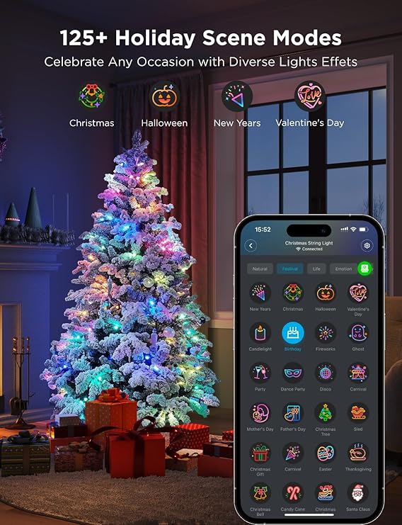 Govee Christmas Lights 66ft, Smart RGBIC Christmas String Lights App-Controlled, 125+ Scene Modes, IP65 Waterproof, Sync with Music, Works with Alexa, Lights for Christmas Decorations Indoor Outdoor