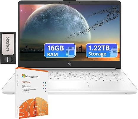 HP Flagship 14" HD Laptop with 1 Year Office 365 | 16GB RAM | 1.22TB Storage(64GB EMMC & 160GB Docking Station Set & 1TB Cloud Storage) | Intel 4-Core Processor | Webcam | Win 11s | White