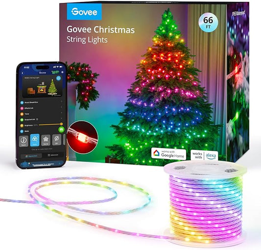 Govee Christmas Lights 66ft, Smart RGBIC Christmas String Lights App-Controlled, 125+ Scene Modes, IP65 Waterproof, Sync with Music, Works with Alexa, Lights for Christmas Decorations Indoor Outdoor